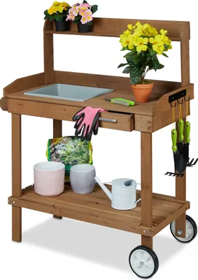 Produktbild von relaxdays Brauner Pflanztisch mit Rollen