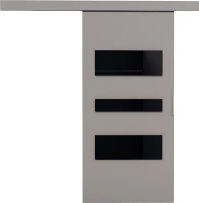 A sliding door with three rectangular black glass inserts, shown from the front.