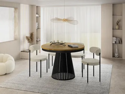 Produktbild von Esstisch Rund Ausziehbar mit Lamellen im Loft-Stil – 100 bis 180 cm – Industrieller Tisch mit Schwarzen Metallbeinen, Platzsparend für Wohnzimmer oder Esszimmer – Braun