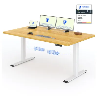 A height-adjustable desk with computers and accessories on top, with an illustration of the lifting mechanism.