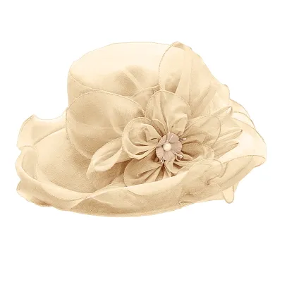 Produktbild von Zylinderhut für Damen, eleganter Organza-Blumenhut, breite Krempe, Outdoor-Strandhut, faltbarer Sonnenhut für Abende im Retro-Stil, Partys, Bankette, Kleidungszubehör, Gelb