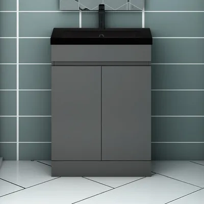 Produktbild von Waschtisch mit Unterschrank LORENZA 60cm Dunklegrau Standschrank Schwarz Waschbecken mit Unterschrank Badmöbel Set MDF Softclose