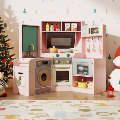 Produktbild von COSTWAY Kinderküche, Eck-Spielküche mit Kochzubehör, Spüle, Herd, Mikrowelle, Ofen, Mülleimer, Licht&Sound, Holzküche Spielzeugküche für Kinder 3+Rosa