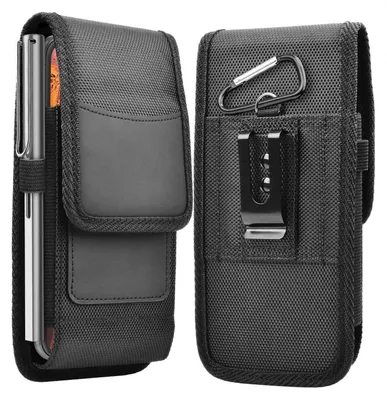 A black fabric phone case with a belt clip and carabiner is shown from two angles.