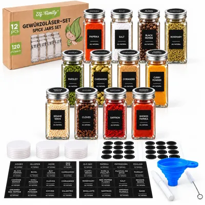 Zdjęcie produktu dla Pojemniki na zioła, 12 sztuk, pojemniki szklane o pojemności 120 ml każdy, z hermetycznym zamknięciem