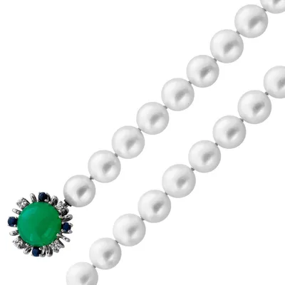Produktbild von Perlenkette 44cm Akoyaperlen Chrysopras Brillanten blaue Saphire Antikschmuck 44