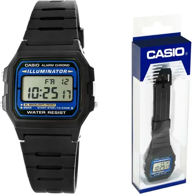 A black Casio digital watch is shown next to its packaging.