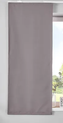 A grey sliding curtain panel hangs in front of a window, partially obscuring the view of greenery outside. A small decorative item with the letter 'B' is visible on the windowsill.