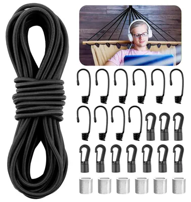 Obrázek produktu pro Gumové expandovací lanko, 6 mm, 10 m. Elastické gumové lanko s háčky a sponami