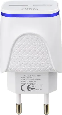 Produktbild von Sunix Netzteil Schnell Ladegerät 2,1A Tragbares 2X USB Dual Port Fast Charge Reiseladegerät Steckdose + 1,2m Micro-Usb Kabel Weiß
