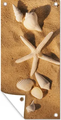 Produktbild von MuchoWow® 30x60 cm Outdoor-Poster Gartendeko Sichtschutz Garten Poster für den Garten  Seesterne - Muscheln - Sand