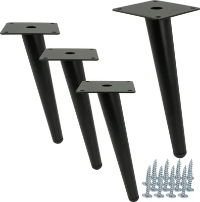 Four black metal furniture legs and a pile of screws on a white background.