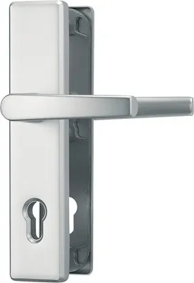 A close-up studio shot of a silver door handle with a keyhole.