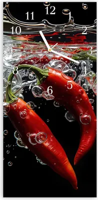 Produktbild von Wanduhr aus Glas mit Motiv Chili unter Wasser- 30 x 60 cm - inkl. Aufhängesystem