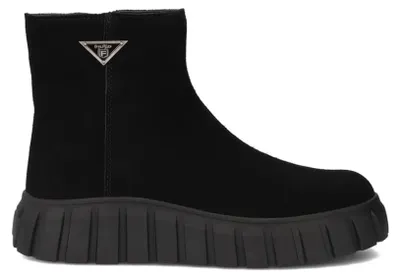Produktbild von Schwarze Wildleder Stiefeletten mit klobiger Plateausohle, 13 cm Schaft und seitlichem Reißverschluss