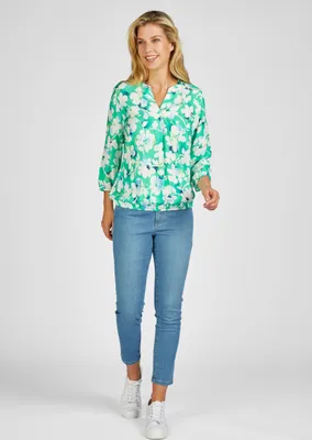 Produktbild von RABE Bluse mit 3/4-Arm, Blumenmuster und V-Ausschnitt, Turmalin