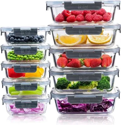 Immagine prodotto di Contenitori per alimenti - set di 10 contenitori in vetro per pasti - chiusura a scatto - coperchi a prova di perdite - riutilizzabili - adatti al microonde - senza BPA - lunch box (1050 ml e 370 ml)