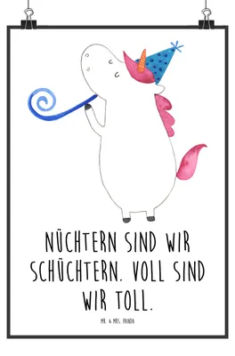 Produktbild von Mr. & Mrs. Panda Bild Einhorn Party DIN A3 - Weiß - Geschenk, Plakat, wanddeko, Konfetti, Club, Alkohol, Geburtstag, kunstdruck poster, Einhörner, Unicorn, drucke