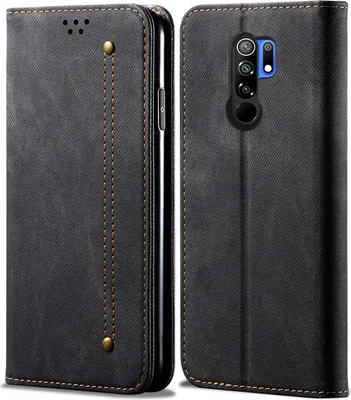 A black flip-style phone case for a Redmi 9 phone is shown from the front and side.