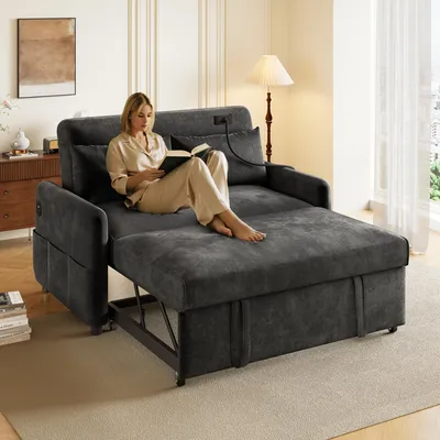 Produktbild von AIORBER Modernes Schlafsofa 2-Sitzer mit verstellbarer Rückenlehne, USB, Handyhalter, klappbar, Grau/Beige