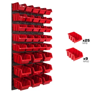 A wall-mounted storage system with multiple red bins, shown alongside individual bins with quantity labels.