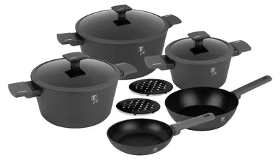 A set of cookware is displayed on a white background.