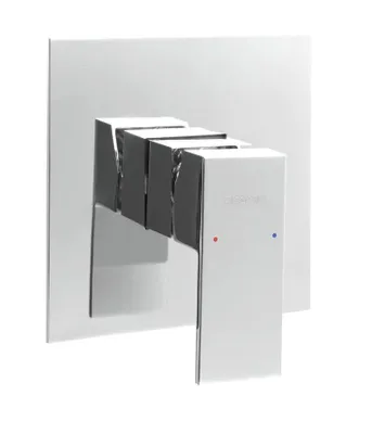 A chrome shower faucet mounted on a square plate.
