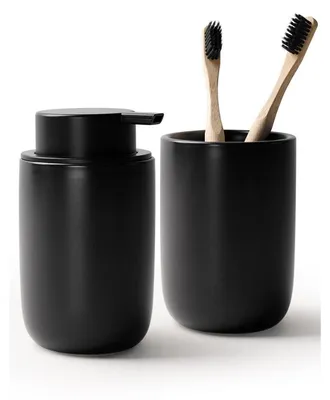 Immagine prodotto di Distributore di sapone in Vetroceramica, capacità 350 ml, ricaricabile, con portaspazzolino, colore nero. Distributore per sapone schiumogeno