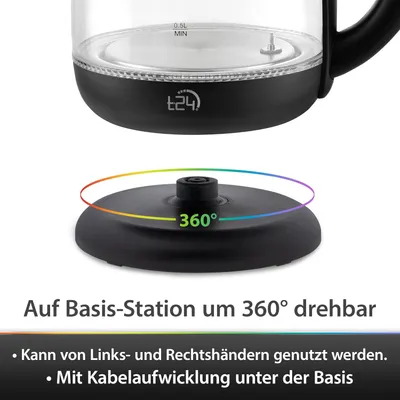 A close-up view of a kettle base with a rainbow-colored ring indicating 360-degree rotation, and text describing its features.
