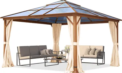 Produktbild von Gartenpavillon 4x4 m Holzoptik, ca 8 mm Polycarbonat-Dach, 4 Seitenteile in champagner