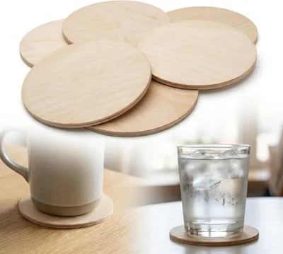 Produktbild von Set mit 6 runden Untersetzern für Tassen – Sperrholz, Durchmesser 9 cm, Stärke 3 mm