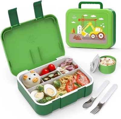 Productafbeelding van Lunchbox voor kinderen, 1,25 liter - Bento box met 5 compartimenten - Lunchbox voor peuters, inclusief lepel en vork - Donkergroen