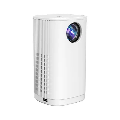 A white mini projector is shown against a white background.