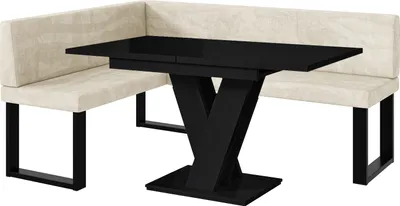 Produktbild von MEBLINI Eckbank für Esszimmer mit ausziehbarem Tisch  - Küchenbank - Essecke - Sitzecke Küche - TONI - U-Beine 128x168x87cm Links - Creme Samt/M Schwarz Hochgl.