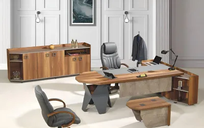 Produktbild von Komplette Büro Schreibtisch Bürotisch Set 4tlg Holz Braun Kommode Groß