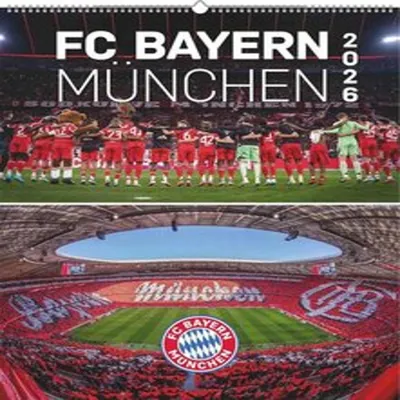 A collage of two images: the top shows the FC Bayern Munich football team posing on a field, and the bottom shows a stadium view with the FC Bayern logo.