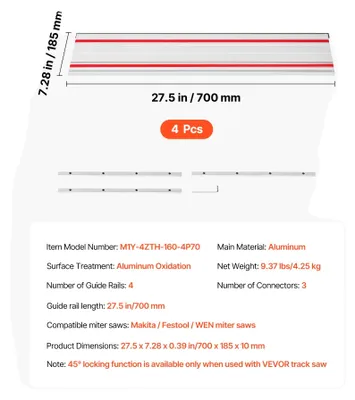 Productafbeelding van Geleiderail voor handcirkelzaag, 70 cm lang, compatibel met verschillende handcirkelzagen, 4 stuks