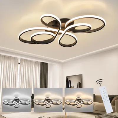 A collage showing a modern LED ceiling light in a room, with three smaller images demonstrating different light settings.