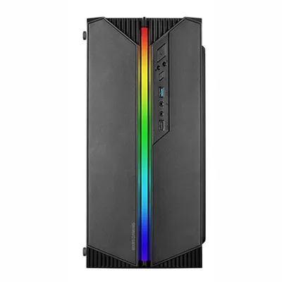 A front view of a black computer tower with a vertical RGB light strip.