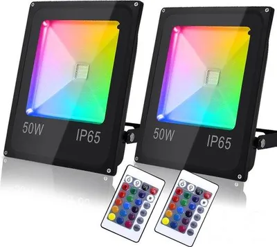 Imagen del producto de 2 focos LED RGB de 50W, con control remoto. Foco LED RGB, resistente al agua (IP65). Color: