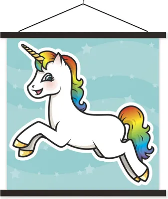 Produktbild von MuchoWow® Textilposter Eine Illustration eines springenden Einhorns - Mädchen - Kinder - Kinder 120x120 cm mit schwarzem Rahmen - Aufhängungsset