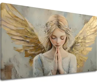 Obrázok produktu pre Obraz anjelov Ranná modlitba – obraz na plátne do spálne 120x80 cm, ručne dotvorený, zlaté plátky | Papilora
