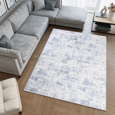 Koberec Obývacia izba Spálňa Krátky vlas Moderný dizajn Šedá krémová Modré pruhy Patchwork Mottled Vintage 3D optika ÖKOTEX 300 x 400 cm