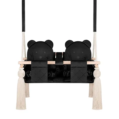 Immagine prodotto di Altalena gemellare Guguplanet Black : da interno, struttura in legno, sedile in corda di velluto, cinture di sicurezza, corda di cotone, ganci a soffitto inclusi