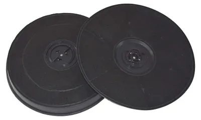 Two black circular charcoal filters are shown against a white background.