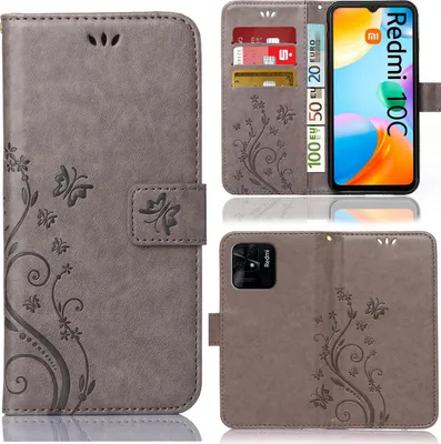 A collage of images showing a phone case for a Xiaomi Redmi 10C, including its open and closed states, and close-ups of its features.