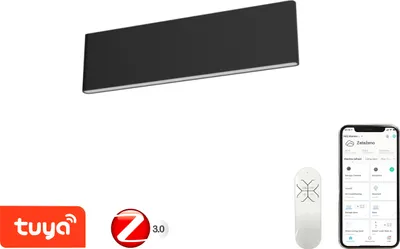 A smart wall light, remote control, and smartphone app are displayed against a white background.