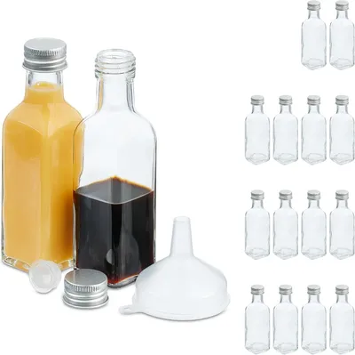 Zdjęcie produktu dla Szklane butelki - zestaw 16 sztuk - pojemność 100 ml - małe butelki do napełniania - zakrętka i korek - do oleju - przezroczyste - srebrne