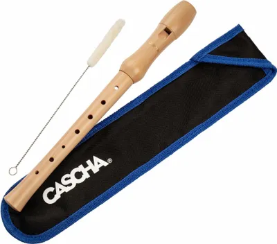 A wooden recorder, a cleaning brush, and a black carrying case with blue trim are laid out on a white background.