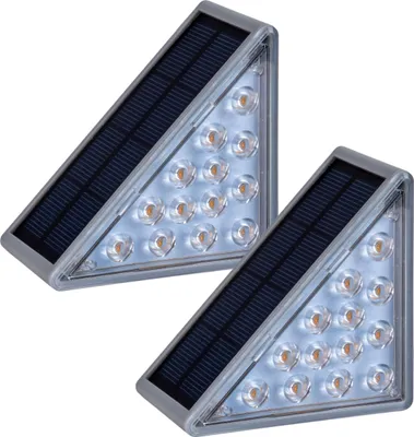Two triangular solar lights are shown against a white background.